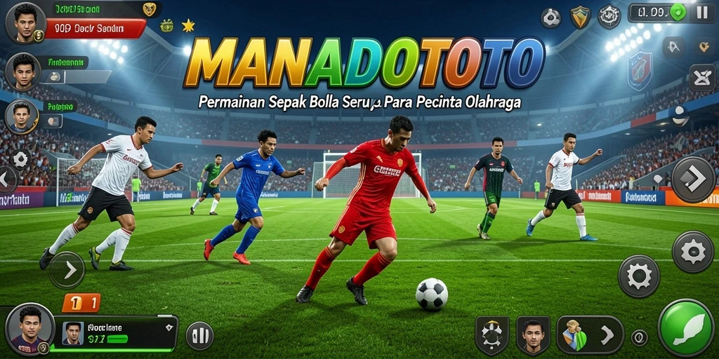 Screenshot gameplay MANADOTOTO menampilkan aksi sepak bola yang mendebarkan.