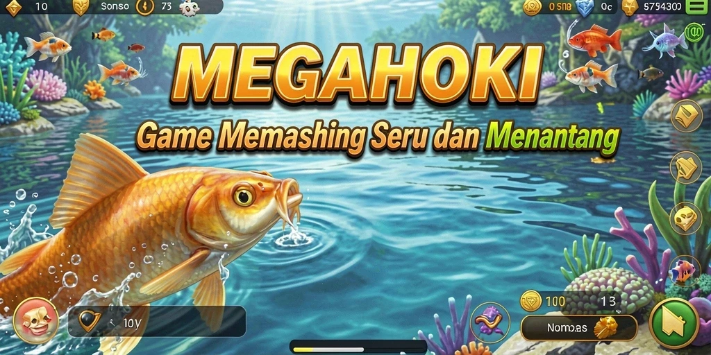 Gameplay seru dalam MEGAHOKI dengan berbagai lokasi memancing dan ikan.