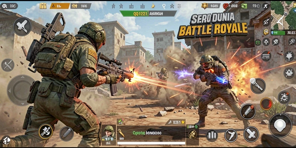 Tampilan gameplay menegangkan dari QQ1221 dalam aksi Battle Royale.