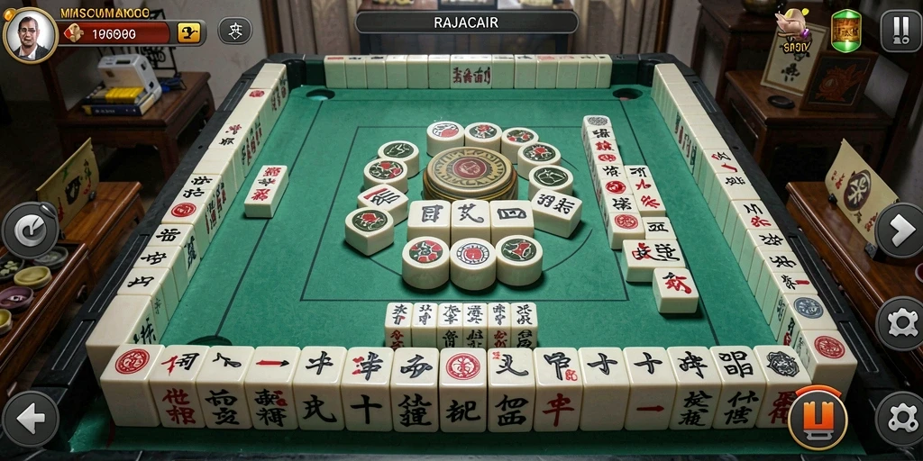 Screenshot gameplay RAJACAIR menunjukkan suasana permainan Mahjong yang menantang.