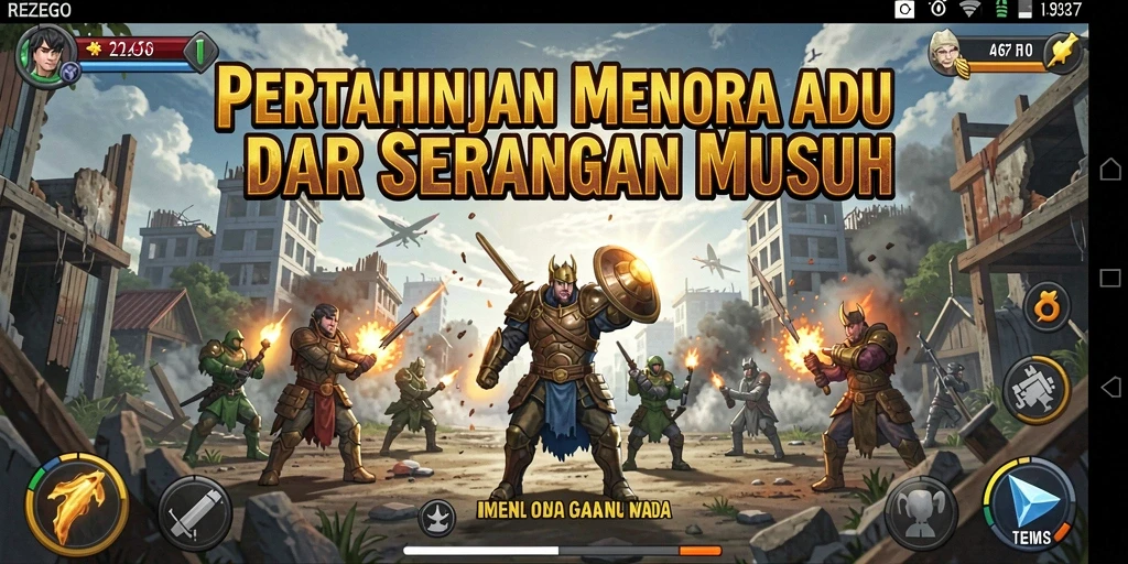 Tangkapan layar gameplay REZEGO menunjukkan aksi menara yang menegangkan.